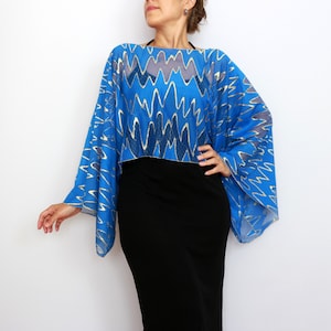 Royal blue gold mesh evening poncho, Sheer long sleeve dress topper, Boat neck fall wedding shawl, Mother of the bride cover up