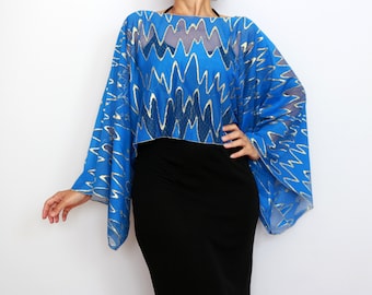 Royal Blue Mesh Poncho: Gold Shimmer Evening Wrap, Mother of the Bride Shawl