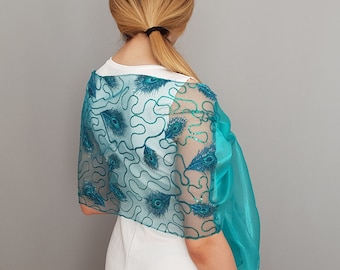 Teal organza shoulder stole scarf, Peacock sequin evening wrap, Mother of the bride dress cover up, Formal dress topper, Turquoise shawl