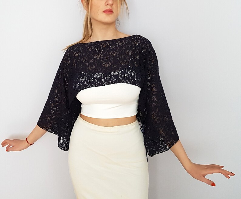 Navy Blue Bolero Shrug Long Sleeves Lace Fabric Evening Etsy