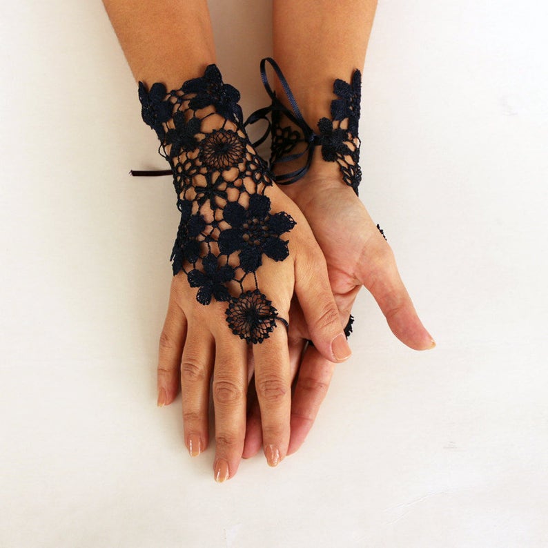 Navy lace wrist cuffs, Bridal fingerless gloves, Wedding hand charms, Lace cuff bracelet, Lace wedding jewelry image 5