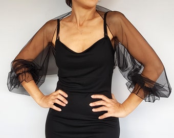 Puff mouwen Tule bruiloft jas, zwarte mesh avondjurk coverup bolero, aangepaste kleur bruidsmeisjes bolero, bruids capelet, speciale gelegenheid