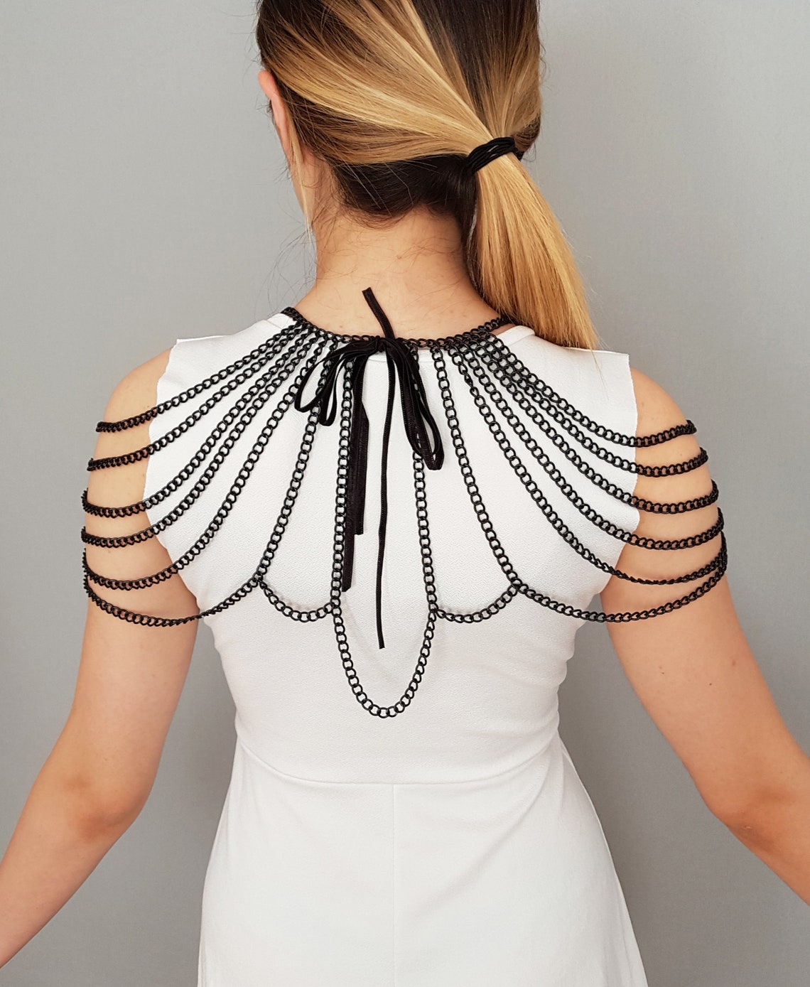 Black chain dress topper shoulder harness jewelry Chain lace Etsy