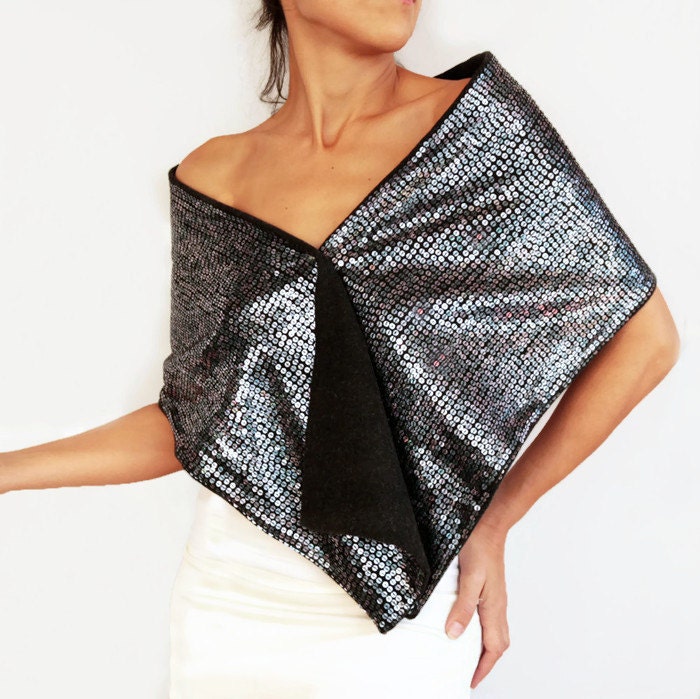 Black Sequined Thick Shawl Fall Evening Stole Warm Black Etsy