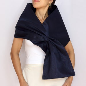 Dark navy taffeta formal shawl, Mother of the bride shawl, Evening dress cover up, Hands free shoulder wrap, Cocktail dress topper image 9