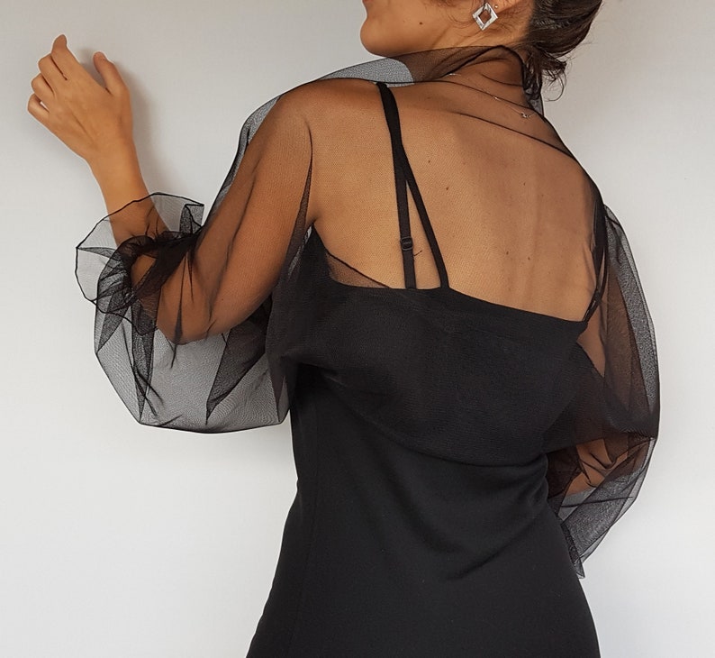 Puff sleeved tulle wedding jacket, Black mesh evening dress coverup shrug, Custom color bridesmaids bolero, Bridal capelet, Special occasion image 6