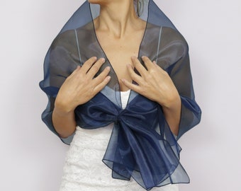 Scialle in organza blu scuro, sciarpa avvolgente per le spalle, topper per abito da sera in rete, stola della madre della sposa, copertura formale a mani libere