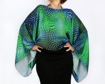 Mother of the Bride Evening Top: Blue Green Satin Poncho Elegant Formal Tunic Blouse