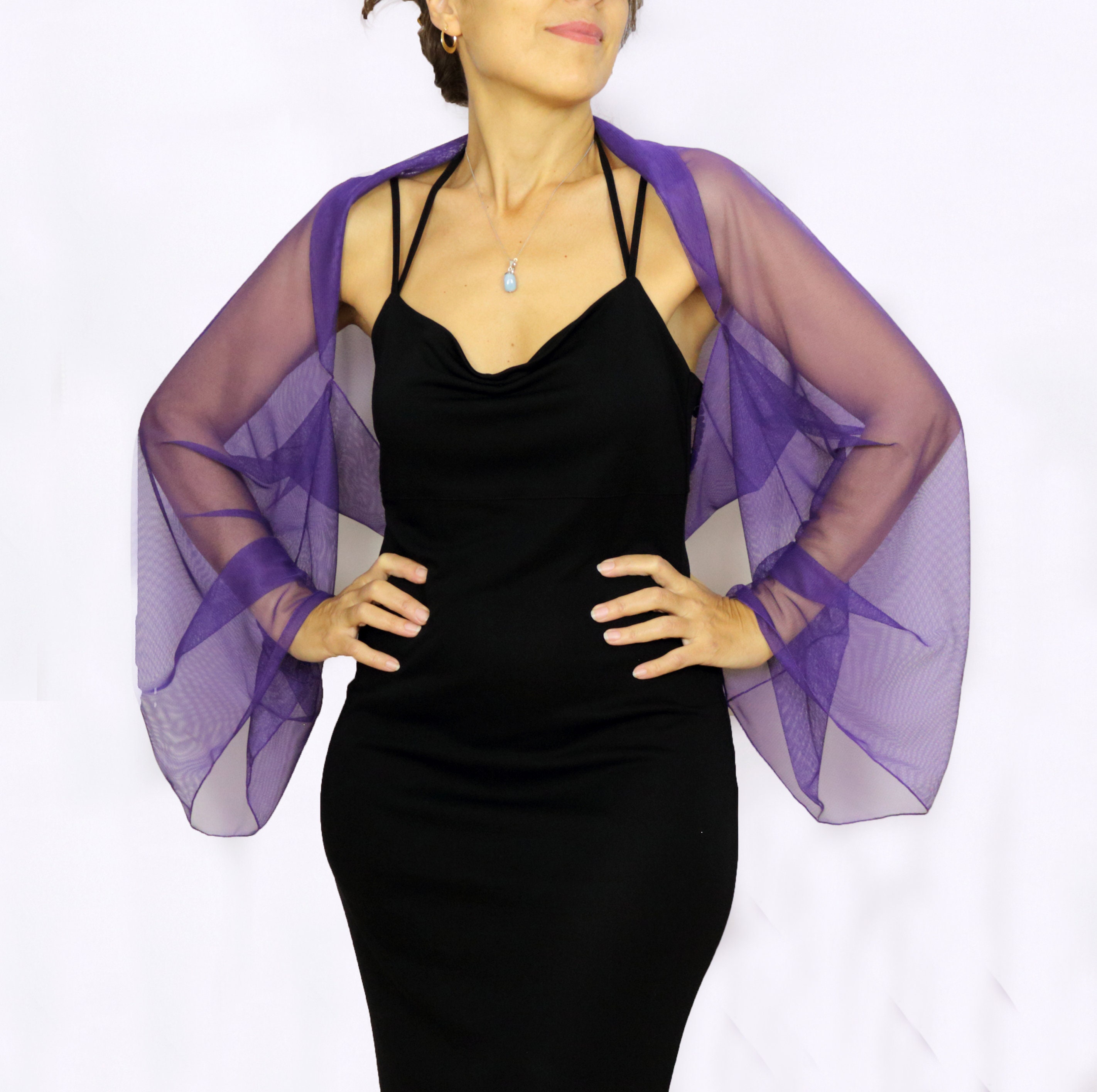 Violet Tulle Long-sleeved Evening Bolero Jacket, Purple