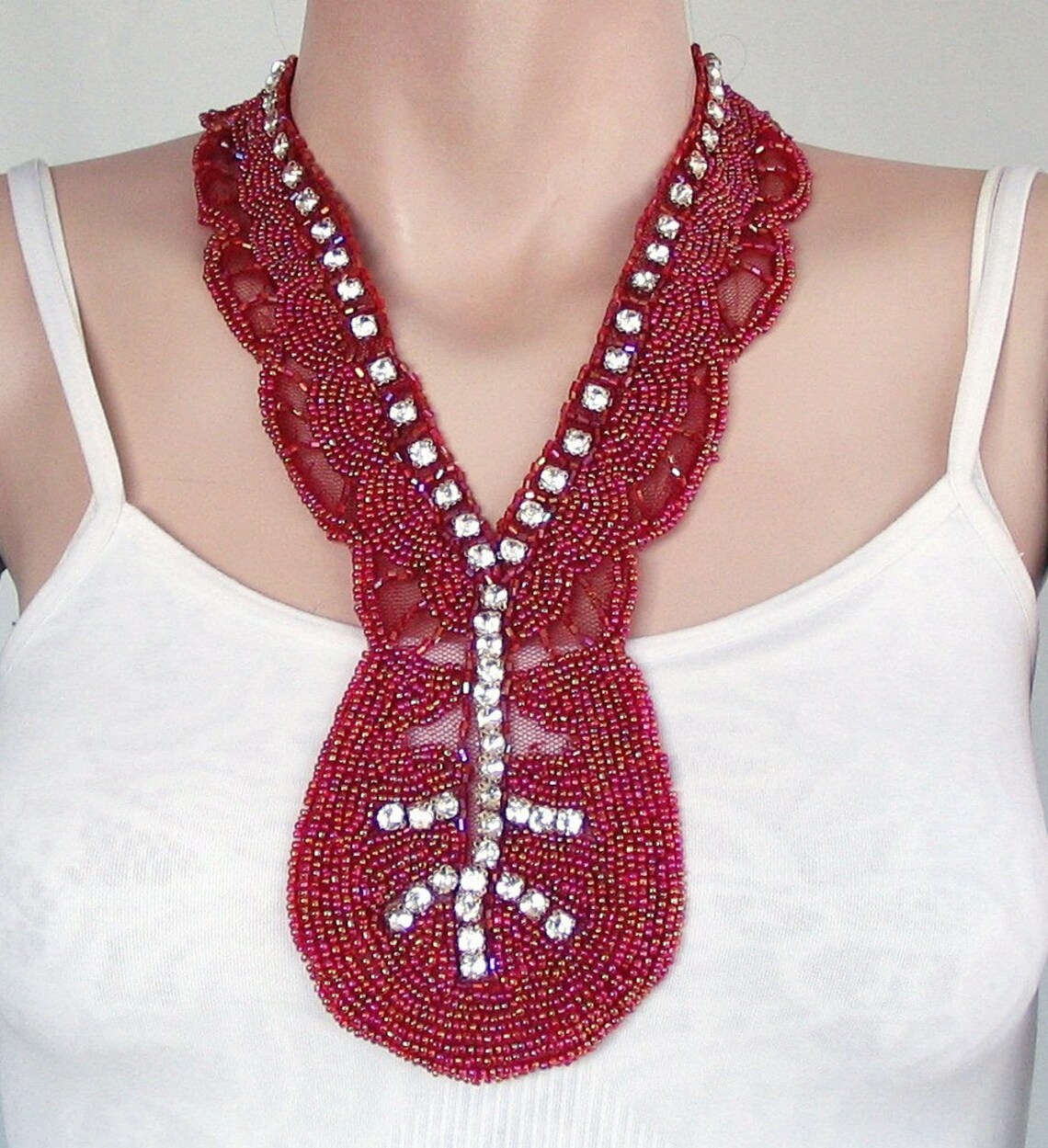 Beadwork rhinestone necklace Wine color beaded collar Etsy