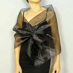 May include: A black sheer shawl with a large bow in the front. The shawl is made of a lightweight, flowing fabric.