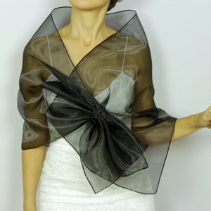 May include: A black sheer shawl with a large bow in the front. The shawl is made of a lightweight, flowing fabric and is perfect for adding a touch of elegance to any outfit.