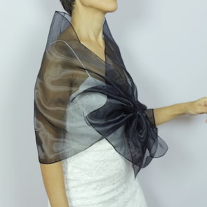 May include: A black sheer shawl with a large bow tied in the front. The shawl is made of a lightweight, flowing fabric and is perfect for adding a touch of elegance to any outfit.