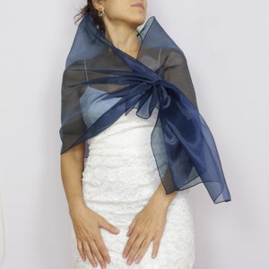 Dark navy organza shawl, Shoulder wrap scarf, Mesh evening dress topper, Pull through mother of the bride stole, Hands free formal cover up image 8