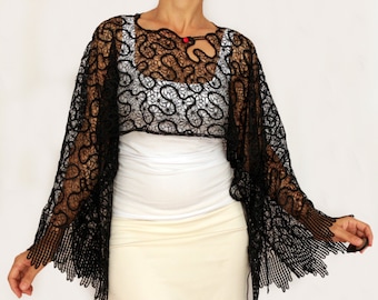 Schwarzer Spitzen Bolero Shrug: Schiere Abendüberwurf, Langarm