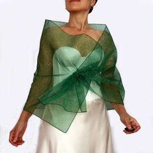 Emerald green organza evening shawl, Hands-free sparkling wrap, Mother of the bride cover-up, Formal off-shoulder pull-through stole