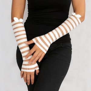 Ecru Striped Fingerless Bridal Gloves: Vintage Style Tulle Arm Warmers