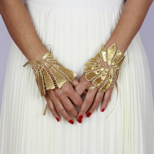 Gold sequin lace wrist cuffs, Grecian bride slave bracelet, Evening fingerless gloves, Art deco hand dance costume, Wedding wrist corsage pair (No.1 + No.2)