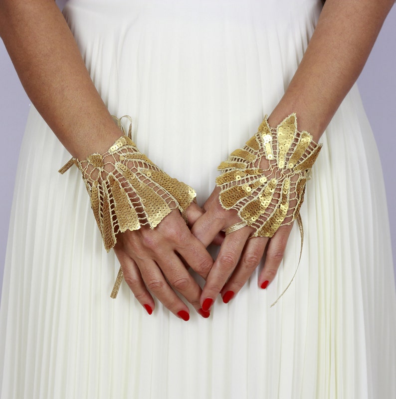 Gold sequin lace wrist cuffs, Grecian bride slave bracelet, Evening fingerless gloves, Art deco hand dance costume, Wedding wrist corsage pair (No.1 + No.2)