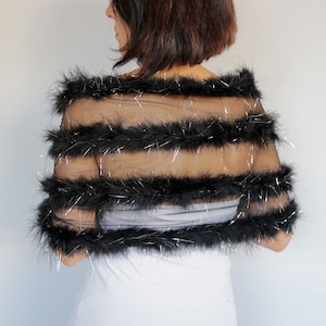 Black feather sheer shawl wrap, Dressy evening capelet, Formal bolero shrug, Wedding cover up, Mother of the bride stole topper