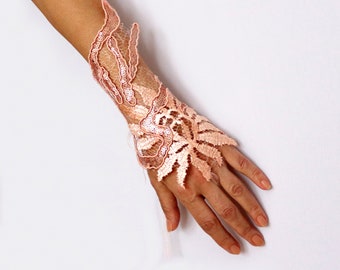 Blush lace wrist corsage, Pink  bridal wrist cuff, Tea party glove, Peach evening hand charm, Dusty rose wedding bracelet, One of a kind