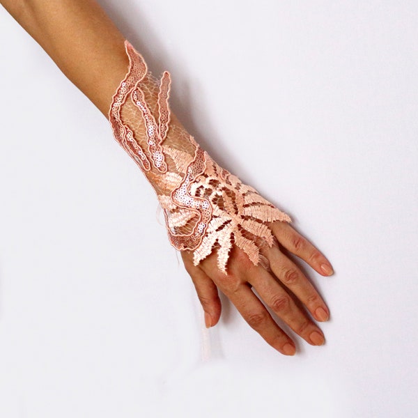 Blush lace wrist corsage, Pink  bridal wrist cuff, Tea party glove, Peach evening hand charm, Dusty rose wedding bracelet, One of a kind