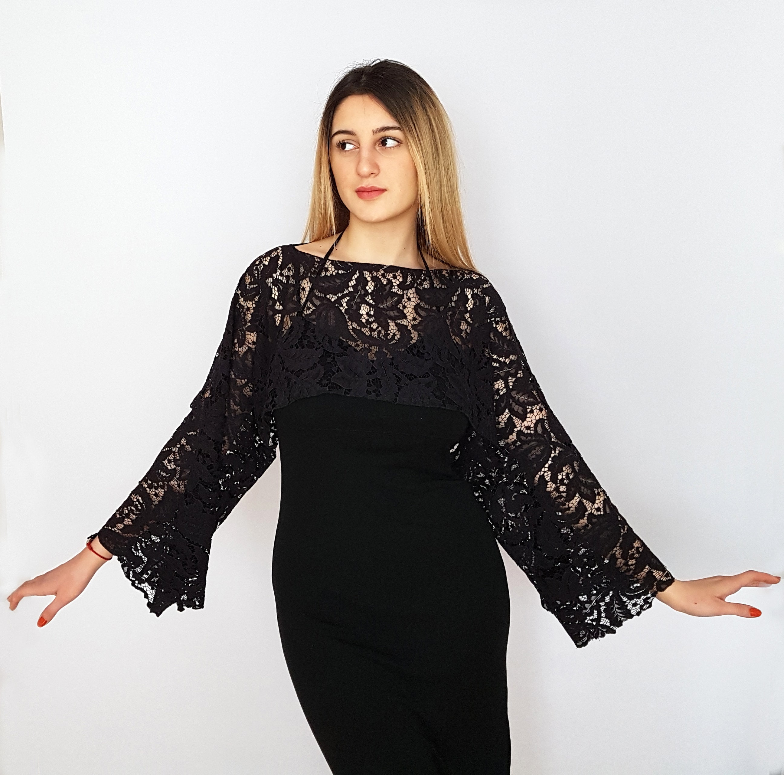 Black Lace Evening Dress Cover Up Dress Topper Shoulder Cover Top Lace Shrug mother of the Bride Groom Shawl Long Sleeved Bolero Capelet Etsy