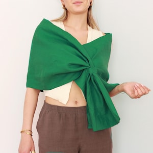 Green French linen wrap, Tie front natural cover up, Textured boho shawl, Resort wear layer, Vacation outfit for women