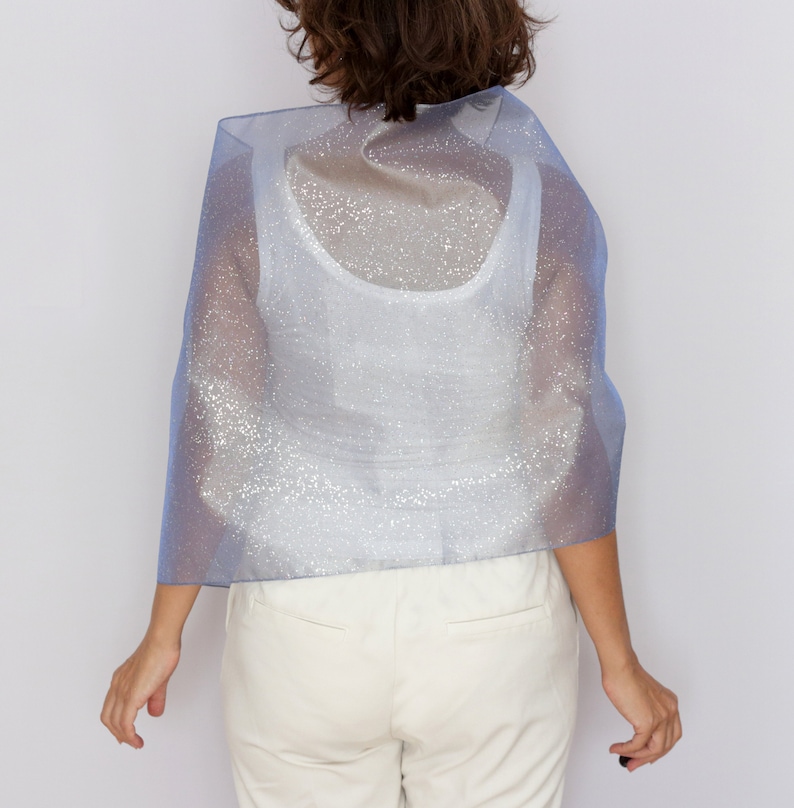 back view sheer blue wrap soft drape wedding guest cover up