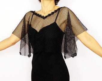 Schwarzes Mesh-Spitze Capelet: Sheer Abend Bolero, ausgebogter Hochzeitskleid Topper