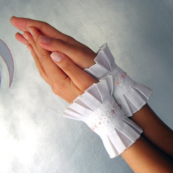 Elegant Pleated Eyelet Cuffs White Wedding Party OOAK Unique Handmade Bridal Wrist