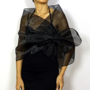 May include: A black sheer shawl with a large bow in the front. The shawl is made of a lightweight, flowing fabric.