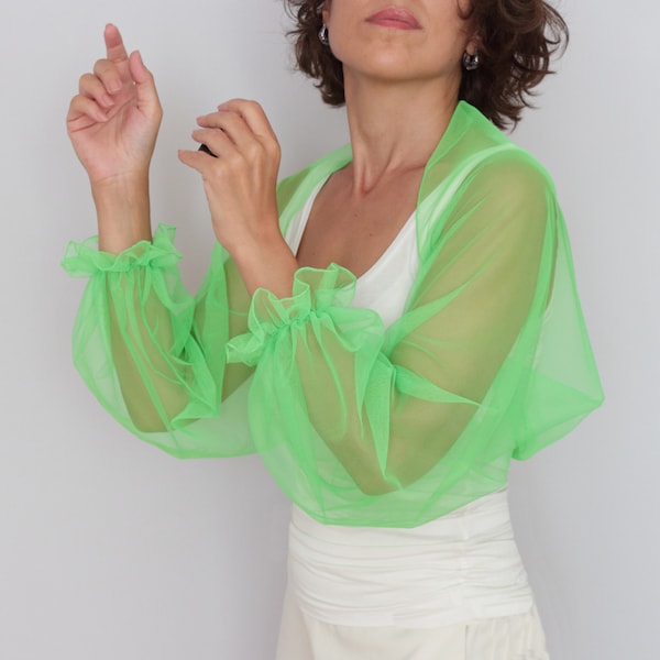 Vibrant green puff sleeved evening dress topper, Neon tulle shoulder cover up, Wedding jacket shrug, Bridesmaids bolero, Bridal capelet