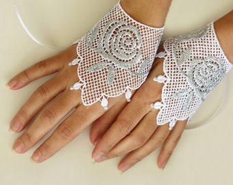 Silver fingerless bridal gloves, Wedding hand cuffs, White guipure lace formal glove, Hand sleeve detail, Oriental dance costume accessory