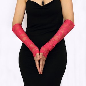 Pinkish Red Lace Fingerless Gloves: Bridal Wedding Arm Covers