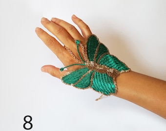 Butterfly lace slave bracelet, Jade green butterfly cuff bracelet, Evening fingerless glove, charm wrist chain jewelry, Lace hand harness