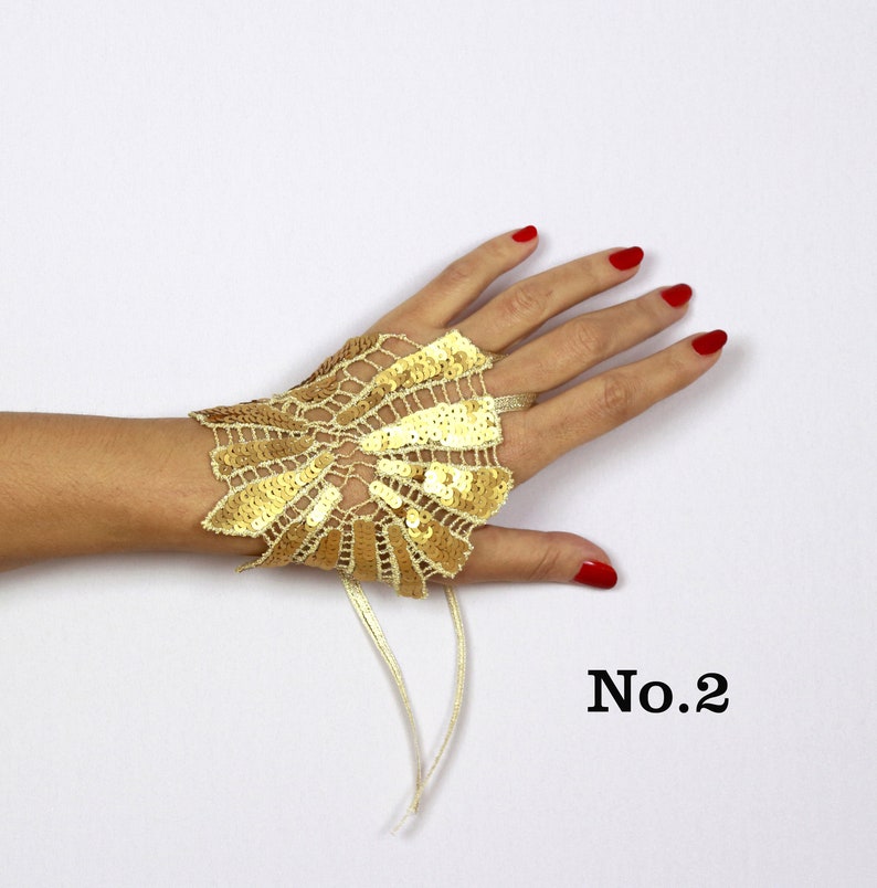 Gold sequin lace wrist cuffs, Grecian bride slave bracelet, Evening fingerless gloves, Art deco hand dance costume, Wedding wrist corsage piece No.2