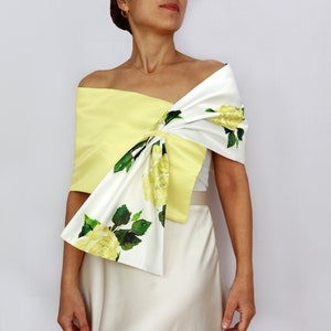 Yellow white floral taffeta cover up, Mother of the bride evening dress hands free shawl stole, Wedding shawl, Bridal shoulder wrap image 1