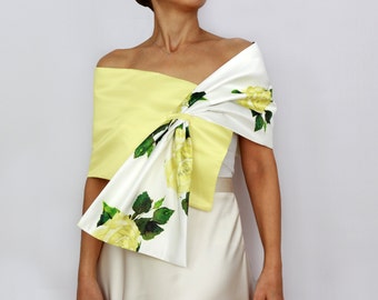 Couverture en taffetas floral blanc jaune, étole châle mains libres robe de soirée mère de la mariée, châle de mariage, enveloppement d'épaule de mariée