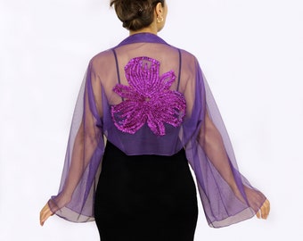 Long sleeved violet tulle evening bolero jacket, Purple bridal shrug, Formal dress cover up topper, Wedding dressy sheer jacket shawl