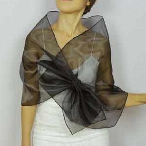 May include: A black sheer shawl with a large bow in the front. The shawl is made of a lightweight fabric and is perfect for adding a touch of elegance to any outfit.