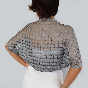 Grey bridal shrug, Silver wedding bolero, Bridal capelet, Bridesmaid shrug Metallic 3D lace Mother of the bride shawl Evening dress cover up image 2