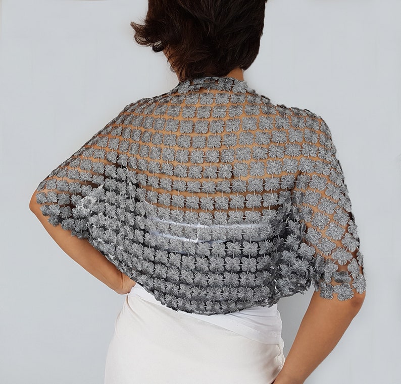 Grey bridal shrug, Silver wedding bolero, Bridal capelet, Bridesmaid shrug Metallic 3D lace Mother of the bride shawl Evening dress cover up image 2