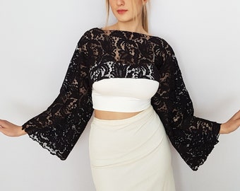 Black Lace Capelet: Bell Sleeve Evening Dress Cover Up, Mother Bride Bolero
