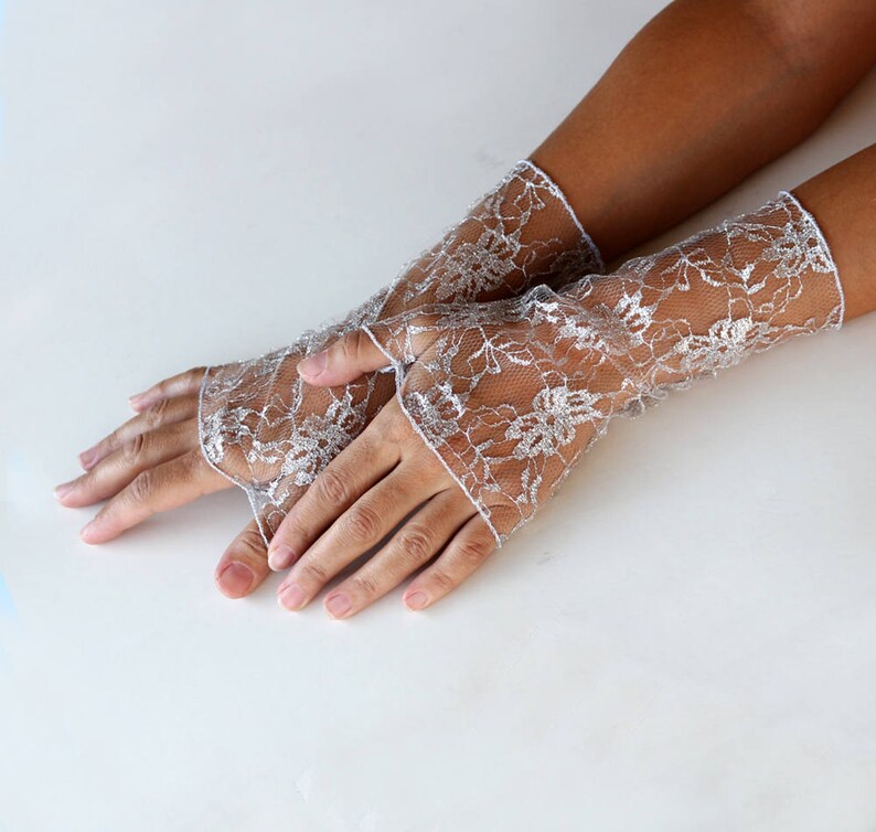 Bridal Fingerless Gloves Silver French Lace Tulle Wedding Etsy