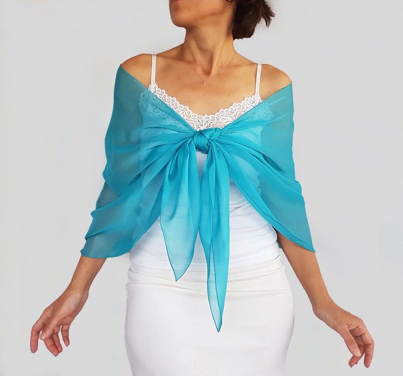 Turquoise blue chiffon shawl, Wedding dress cover up, Mother of the bride shawl, Bridal shoulder wrap stole Evening stole scarf Dress topper zdjęcie 1