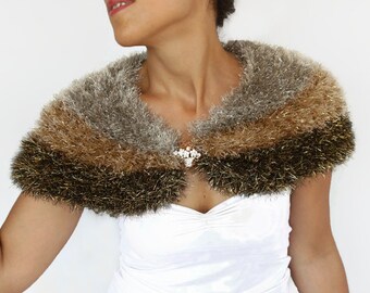 Gold brown faux fur evening dress cover up, Topper bolero, Mother of the bride groom shawl, Hand knit formal stole cape, Wedding capelet