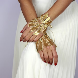 Gold sequin lace wrist cuffs, Grecian bride slave bracelet, Evening fingerless gloves, Art deco hand dance costume, Wedding wrist corsage image 1