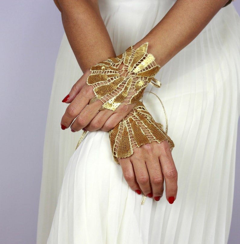 Gold sequin lace wrist cuffs, Grecian bride slave bracelet, Evening fingerless gloves, Art deco hand dance costume, Wedding wrist corsage image 1
