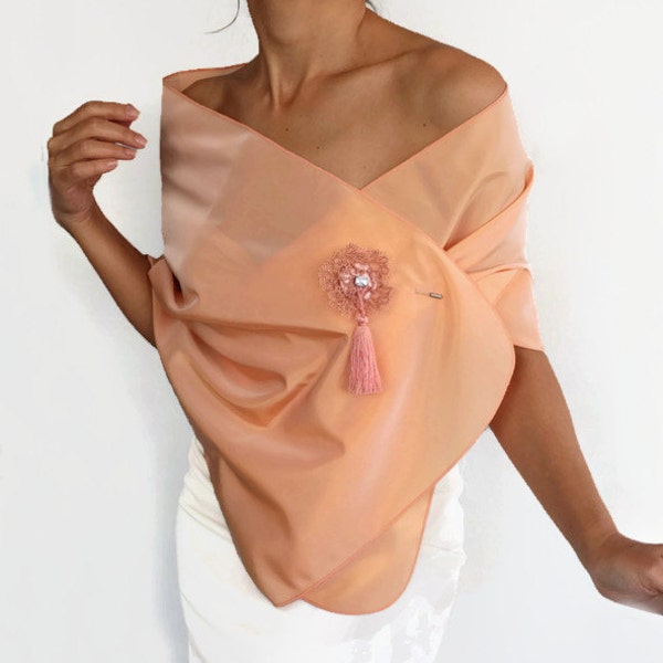 Evening Shawl Scarf Peach Taffeta Stole Formal Dress Scarf and Brooch Pin Shoulder Wrap Handmade Tatting Lace Women Festive Special Occasion